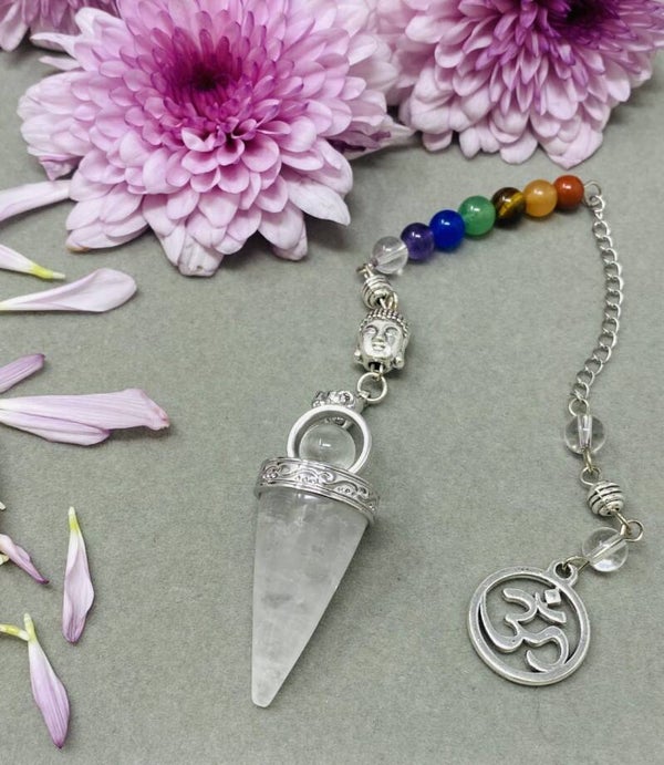 PÉNDULO DE CUARZO BLANCO CON CADENA PARA LOS 7 VÓRTICES ENERGÉTICOS