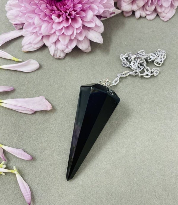 PÉNDULO DE OBSIDIANA CON CADENA PLATEADA