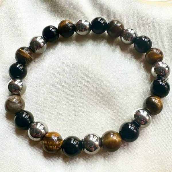 PULSERA DE OJO DE TIGRE CON OBSIDIANA Y HEMATITA