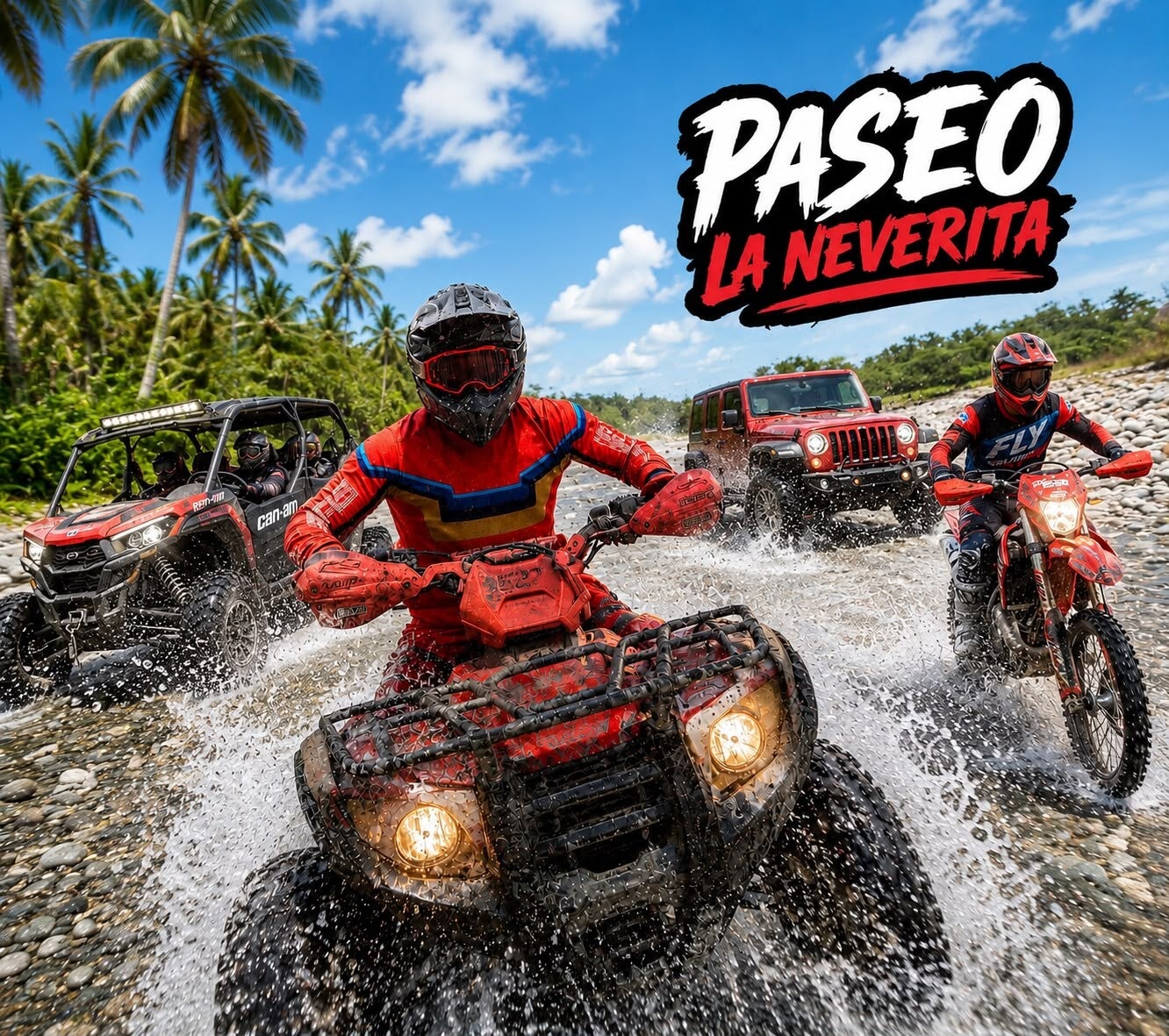 Arte promocional Paseo La Neverita con ATV, buggy, Jeep y motocicleta