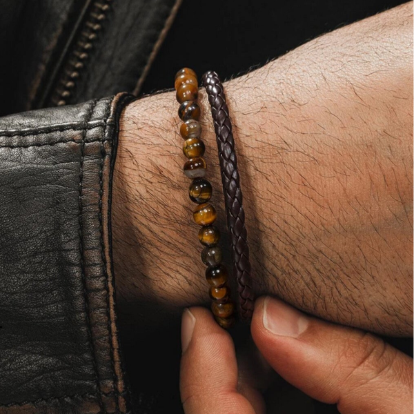 Natural Tigers eye stone with woven Leather