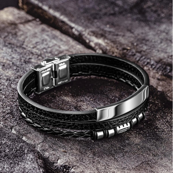 Steel & Leather trio Bracelet, Standard length 21cm