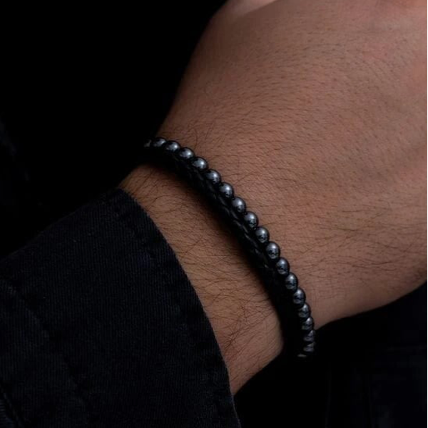 Hematite & woven Leather 2 in 1, standard length 21cm