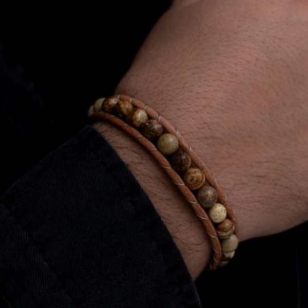 Natural Jasper stone with leather and steel