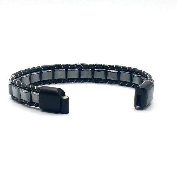 Hematite stone with Genuine Black  Leather