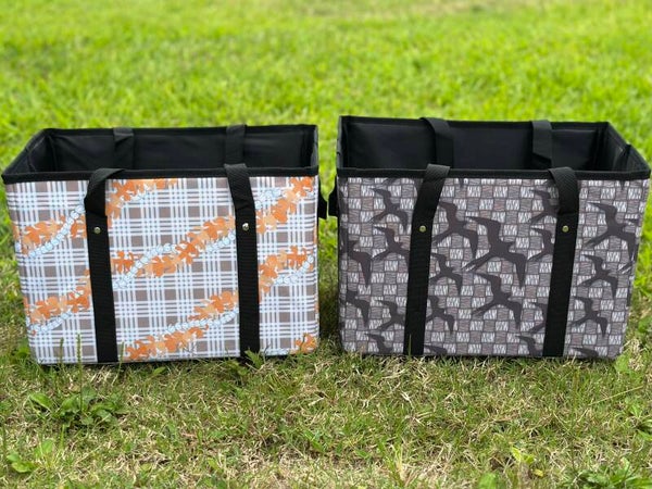 Puakenikeni Palaka Pop-Up Tote Bag and the Iwi Bird Lauhala Pop-Up Tote Bag
