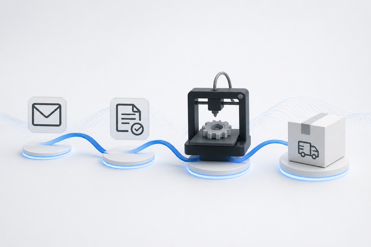 Visualisierung des 3D-Druck-Prozesses von der Anfrage über die Prüfung und Produktion bis zur Lieferung des fertigen Bauteils.