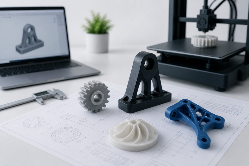 Technische 3D-Druck-Bauteile und CAD-Zeichnungen auf einem Arbeitsplatz mit 3D-Drucker im Hintergrund.