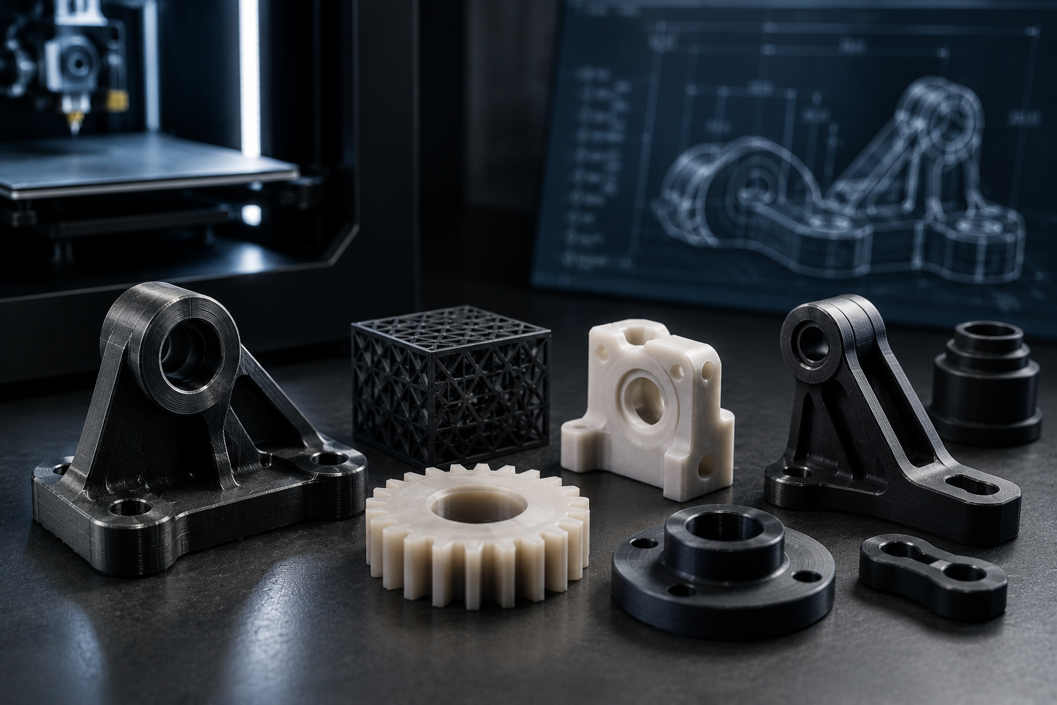 Präzise gefertigte technische 3D-Druck-Bauteile und Ersatzteile auf einer industriellen Arbeitsfläche mit CAD-Modell im Hintergrund.