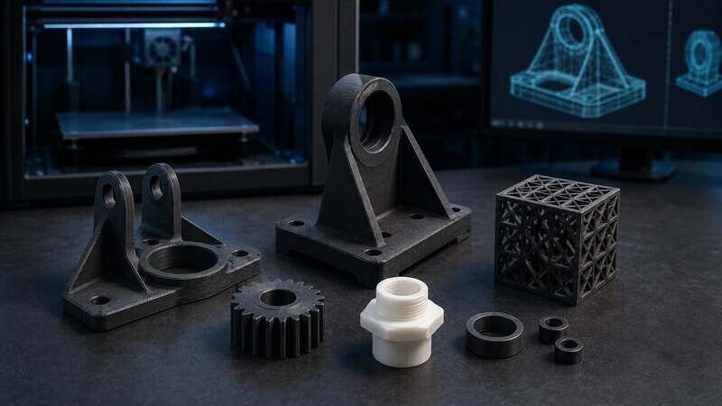 Präzise gefertigte technische 3D-Druck-Bauteile und Ersatzteile auf einer industriellen Arbeitsfläche mit CAD-Modell im Hintergrund.
