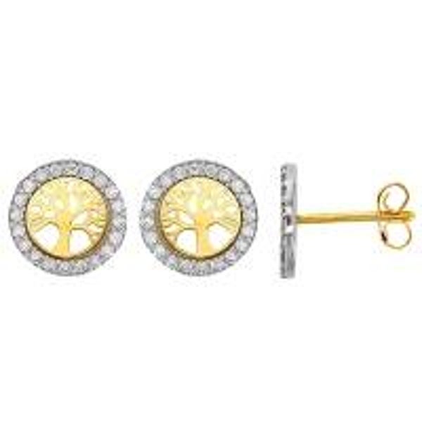 Boucles d'oreilles puces arbre de vie  avec oxydes de zirconium , OR 18K