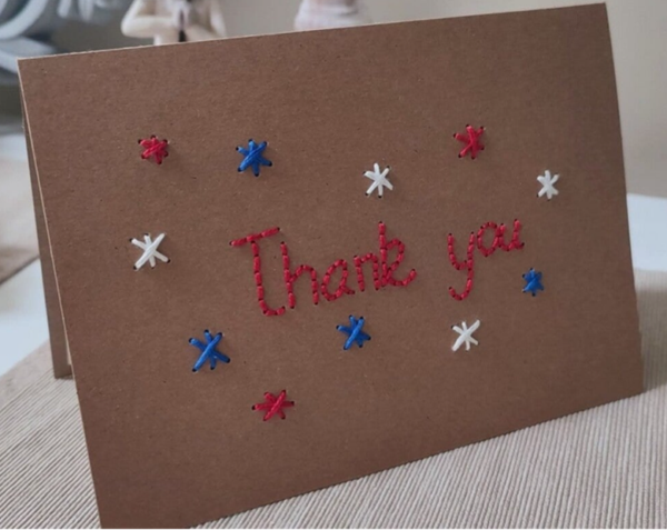 Thank you - Handmade, Hand embroided Card in red, blue & white