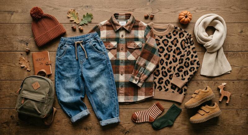 Flat-lay van kinderkleding trends najaar winter 2026 met baggy jeans, panterprint sweater en geruit overhemd.
