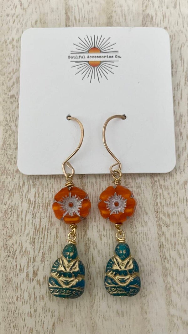 Orange and Teal Flower Buddha Earrings/E-107