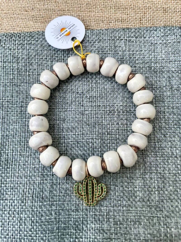 White Ceramic Bracelet with Cactus Charm