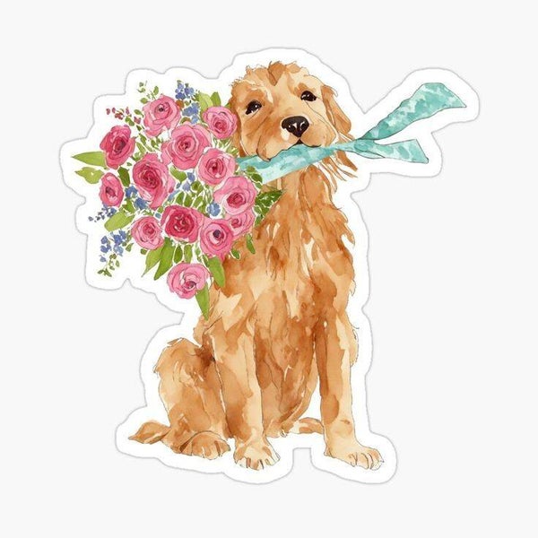 "Dog with flowers" - sticker