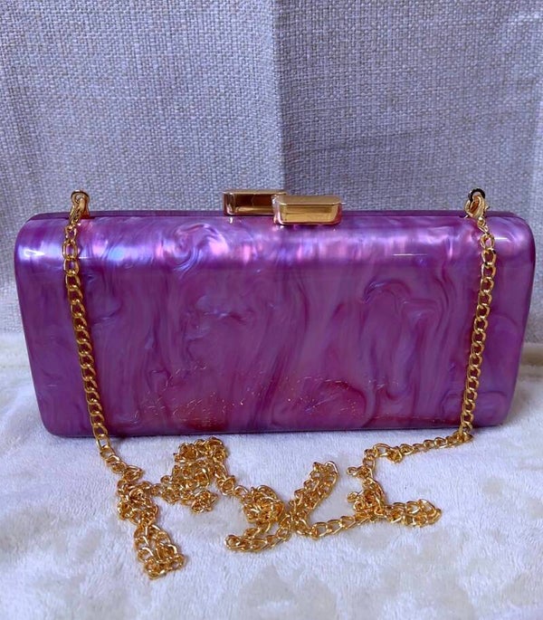 Purple Marble Clutch Bag With Gold Chain