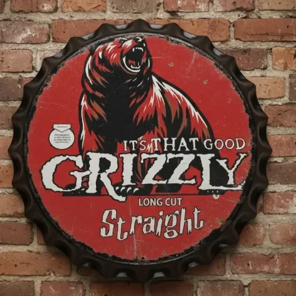 Grizzly Long Cut Metalen Kroonkurk Bord - Vintage Wandbord Rood