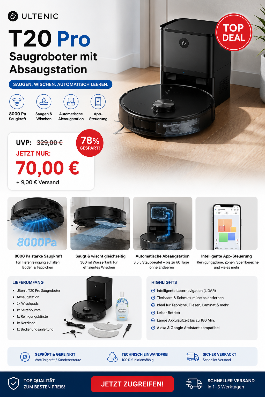 Ultenic T20 Pro – Saugroboter mit Absaugstation
