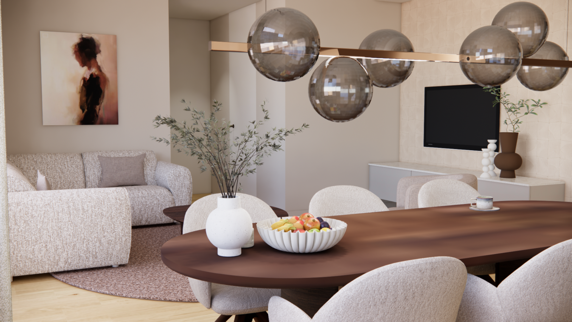 Luxe woonkamer met grote bank 3d render