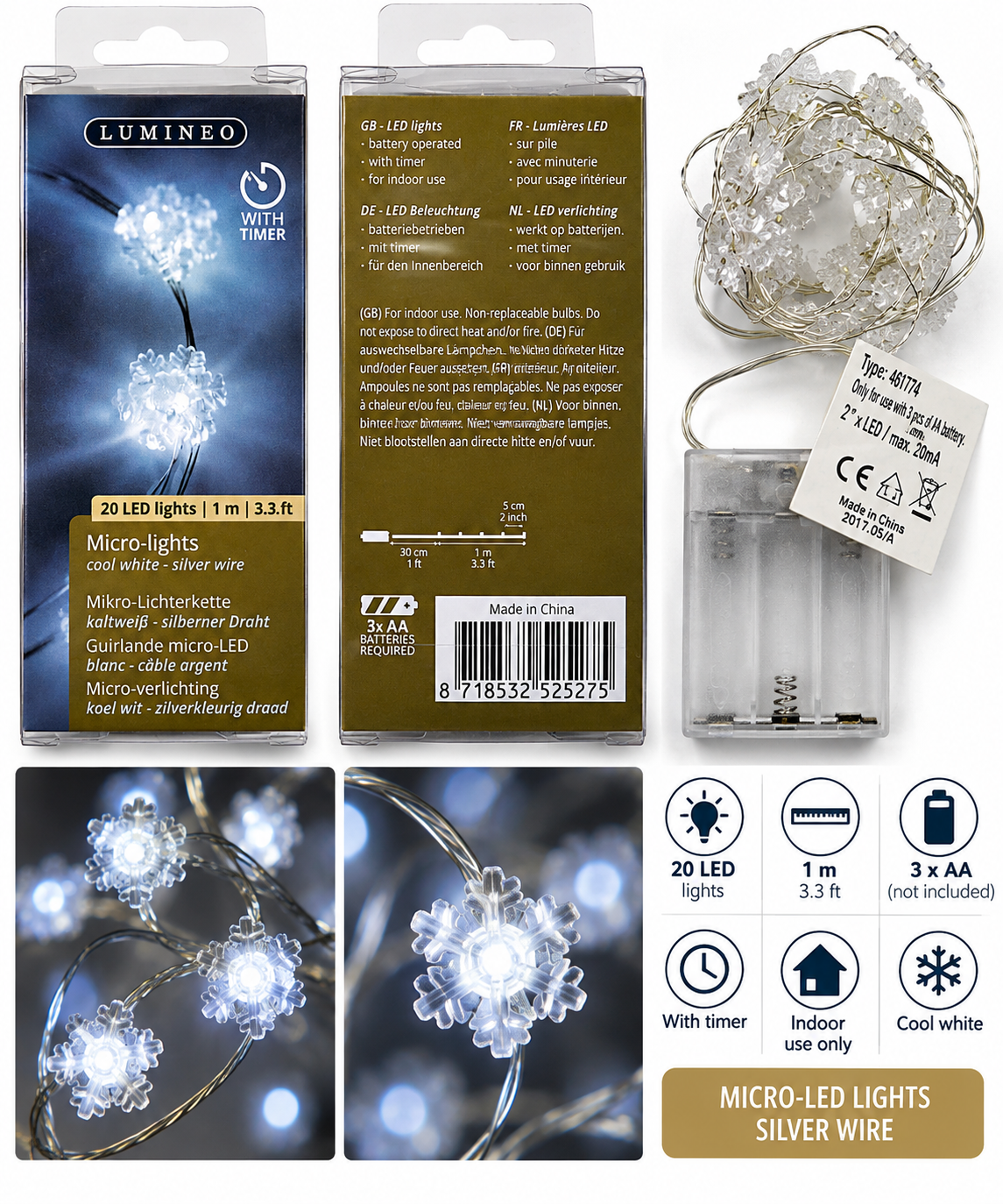 SPECIALE NATALE - Catena luminosa Lumineo Micro-LED con 20 LED a forma di fiocco di neve