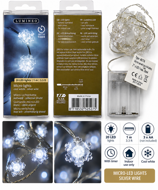 SPECIALE NATALE - Catena luminosa Lumineo Micro-LED con 20 LED a forma di fiocco di neve