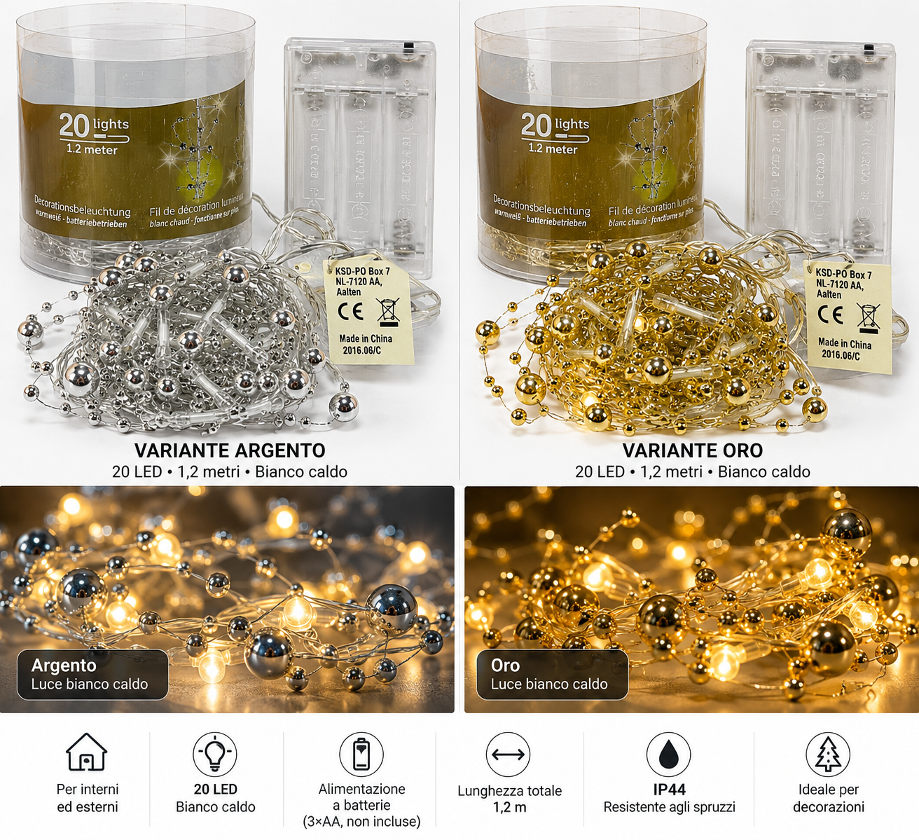 SPECIALE NATALE - Catena luminosa con 20 LED e perline decorative