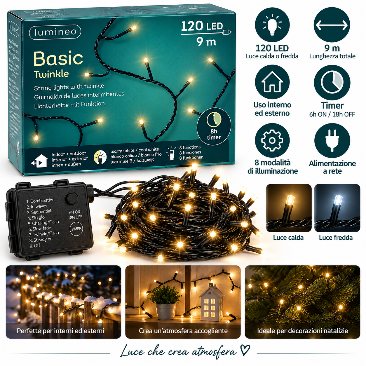 SPECIALE NATALE - Lumineo Basic Twinkle – 120 LED – 9 m – Filo Nero – Luce Calda/Fredda