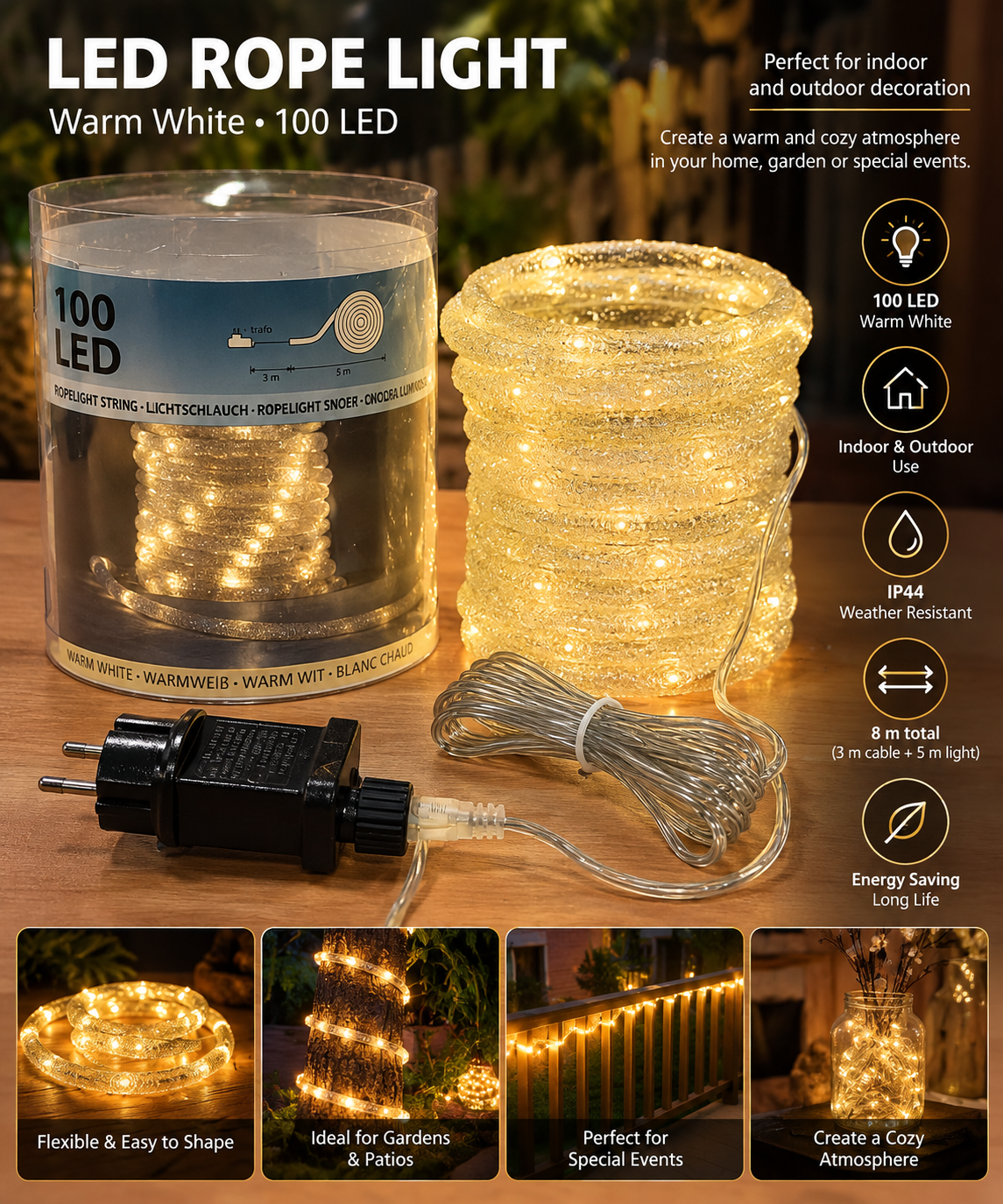 SPECIALE NATALE - Tubo luminoso decorativo con 100 LED bianco caldo