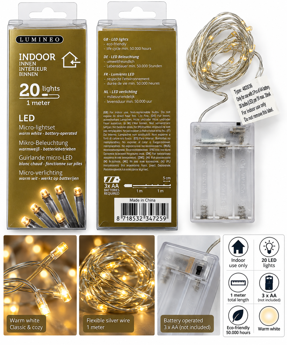 SPECIALE NATALE - Catena luminosa Lumineo Micro-LED con 20 LED a luce bianco caldo