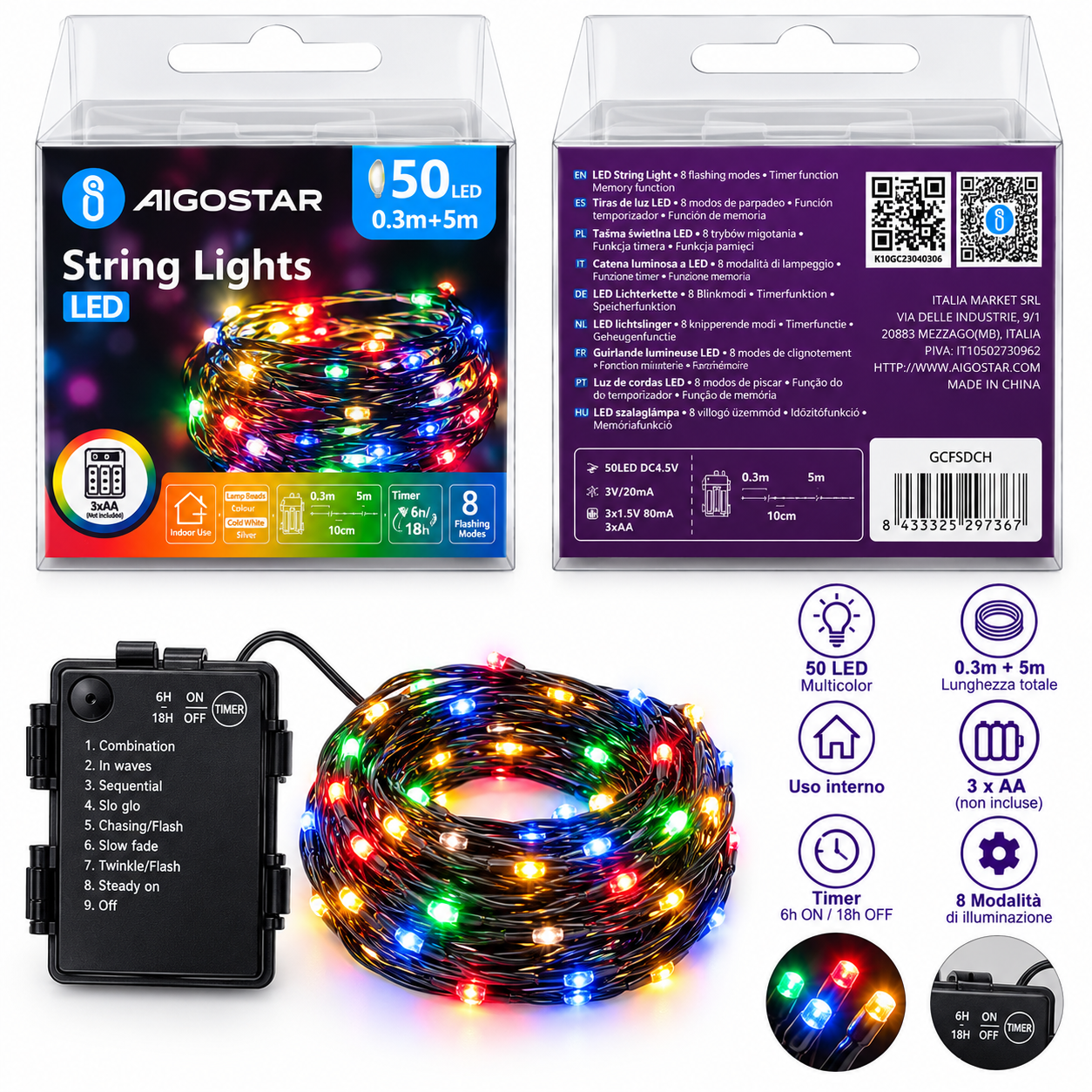 SPECIALE NATALE - Aigostar – Catena luminosa LED 50 luci, 5 m con timer e 8 modalità