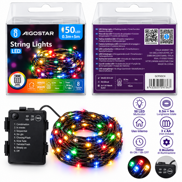 SPECIALE NATALE - Aigostar – Catena luminosa LED 50 luci, 5 m con timer e 8 modalità