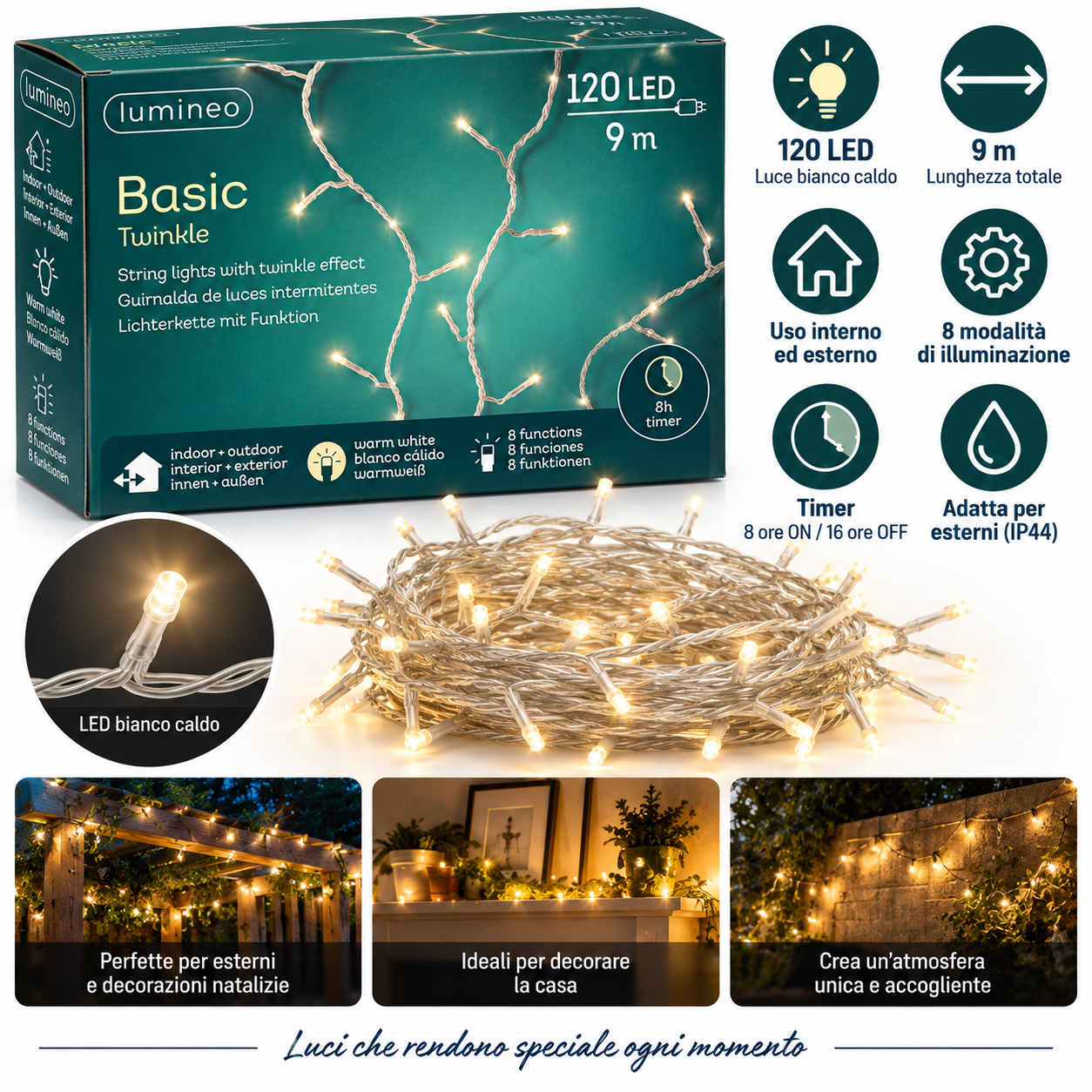 SPECIALE NATALE - Lumineo Basic Twinkle – 120 LED – 9 m – Filo Bianco – Luce Calda