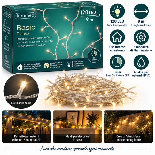 SPECIALE NATALE - Lumineo Basic Twinkle – 120 LED – 9 m – Filo Bianco – Luce Calda