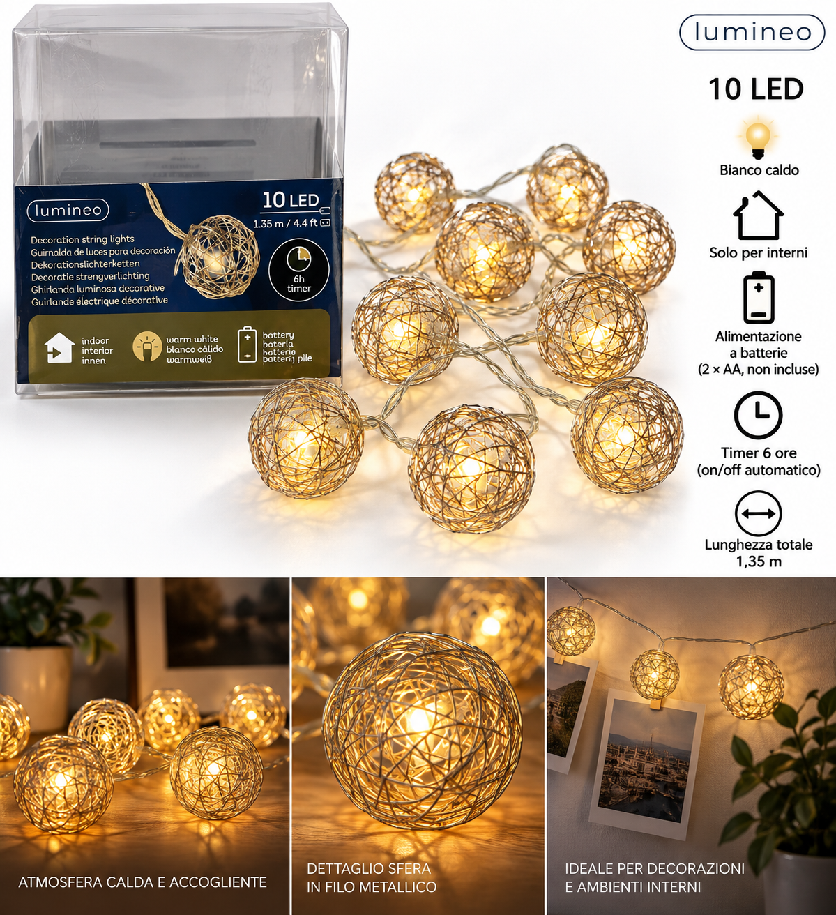 SPECIALE NATALE - Catena luminosa decorativa Lumineo con 10 LED e sfere in filo metallico