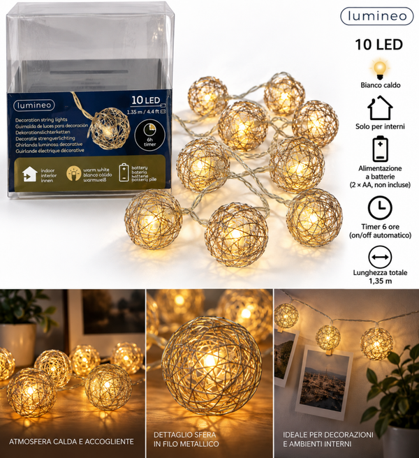 SPECIALE NATALE - Catena luminosa decorativa Lumineo con 10 LED e sfere in filo metallico