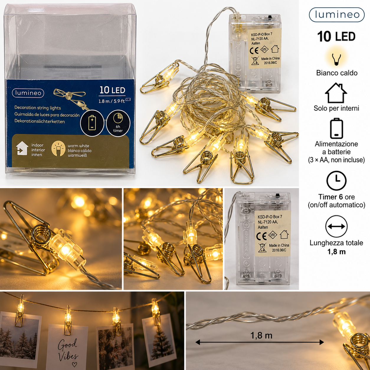 SPECIALE NATALE - Catena luminosa Lumineo con 10 LED e mollette