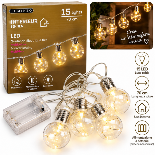 SPECIALE NATALE - Lumineo – Catena decorativa 15 lampadine LED, 70 cm