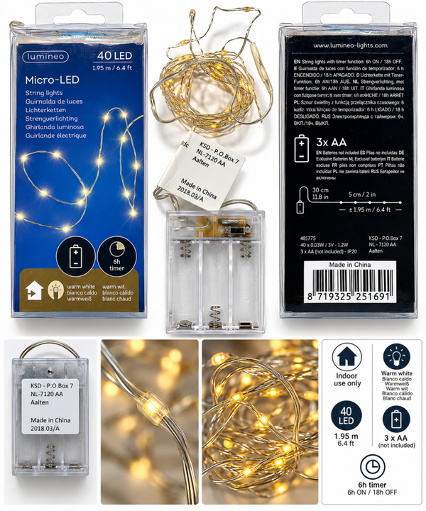 Catena luminosa Lumineo Micro-LED con 40 LED a luce bianco caldo