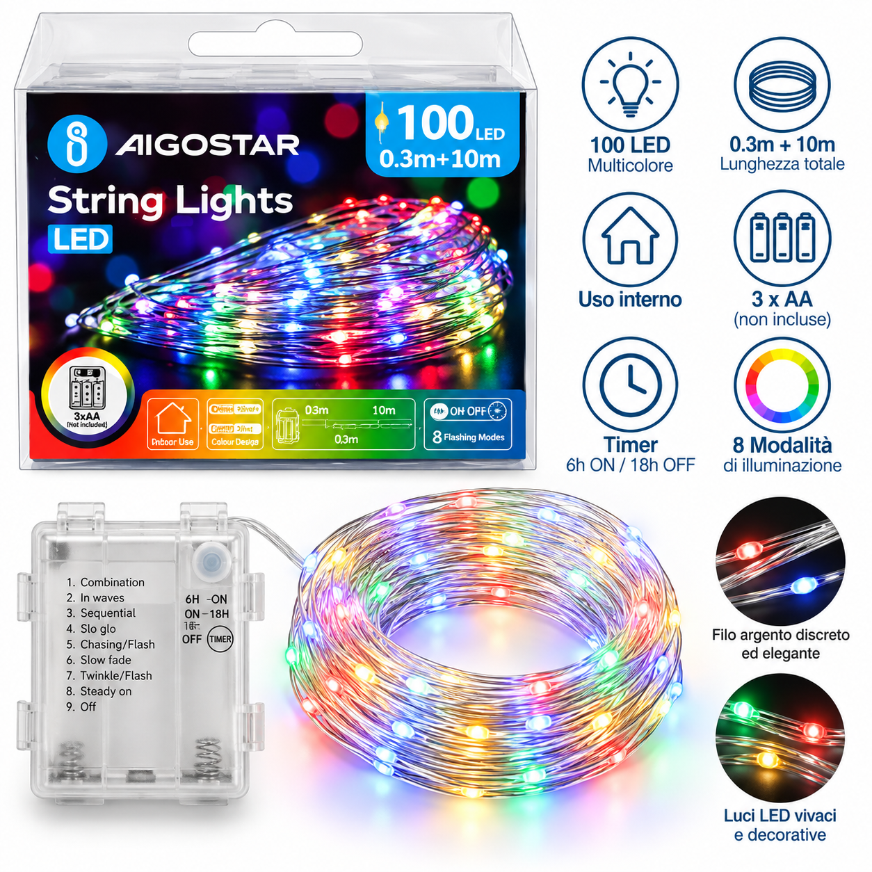 SPECIALE NATALE - Aigostar – Catena luminosa 100 LED, 10 m con timer e 8 modalità