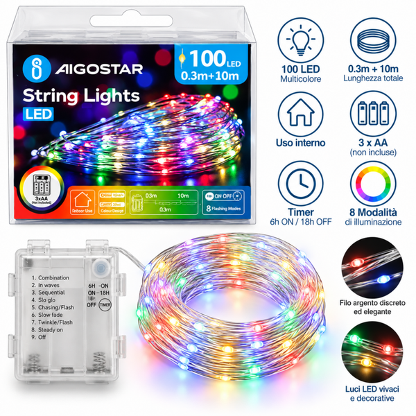 SPECIALE NATALE - Aigostar – Catena luminosa 100 LED, 10 m con timer e 8 modalità