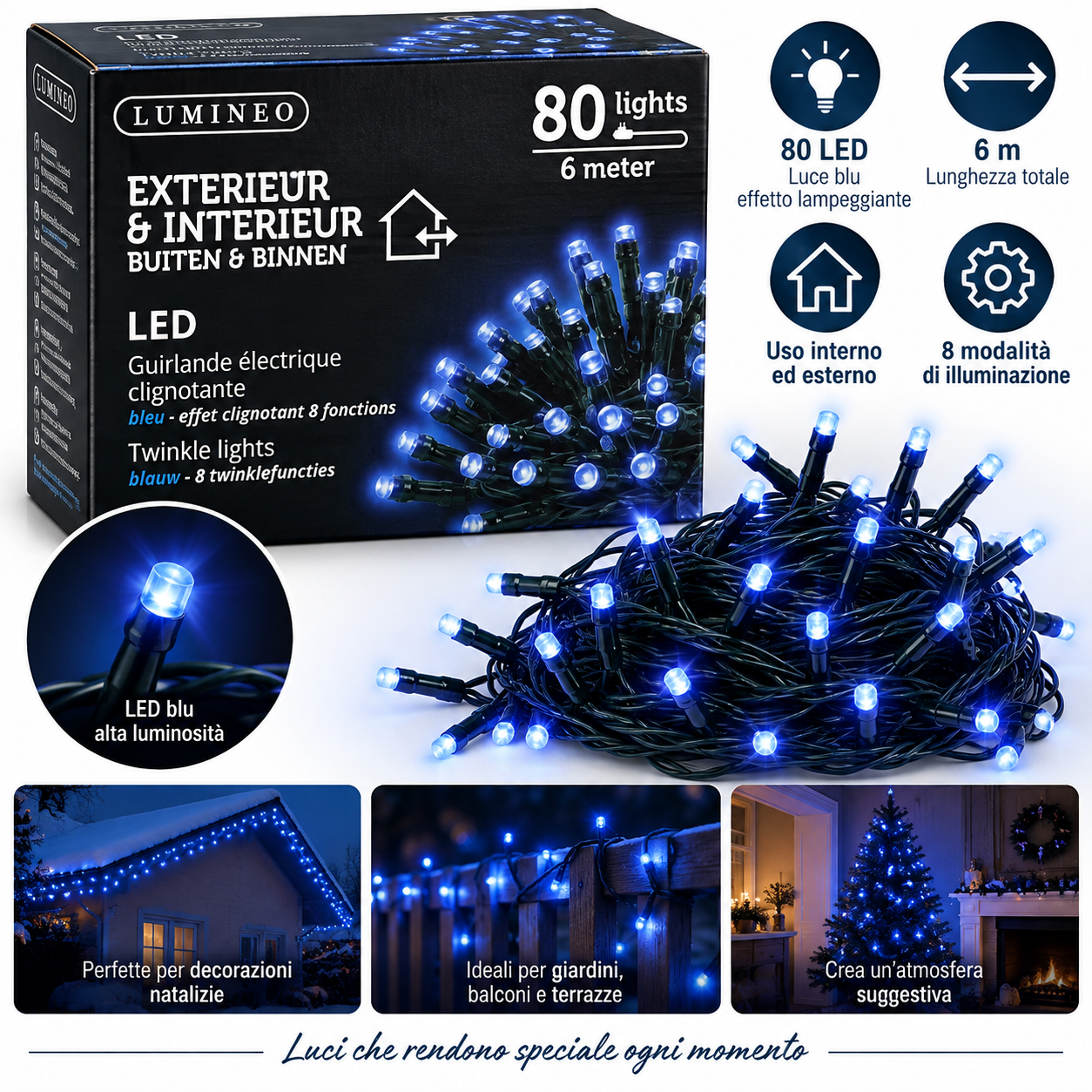 SPECIALE NATALE - Lumineo – 80 LED blu, 6 m, 8 funzioni