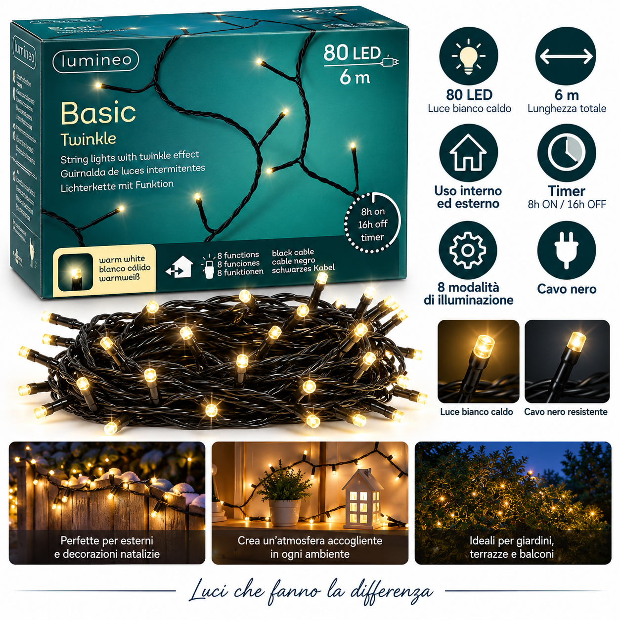 SPECIALE NATALE - Lumineo Basic Twinkle – 80 LED, 6 m, bianco caldo