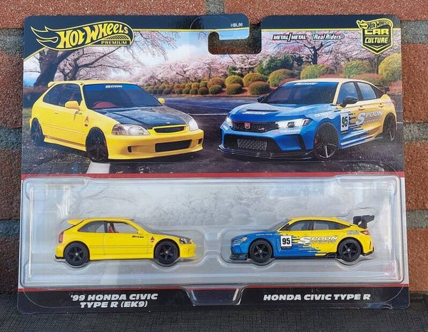Hot Wheels 1999 Honda Civic Type R (EK9) & Honda Civic Type R *Premium 2-pack*, yellow/blue