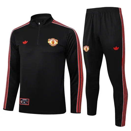 Manchester United Black Tracksuit (Adidas Retro 3-Stripes Design)