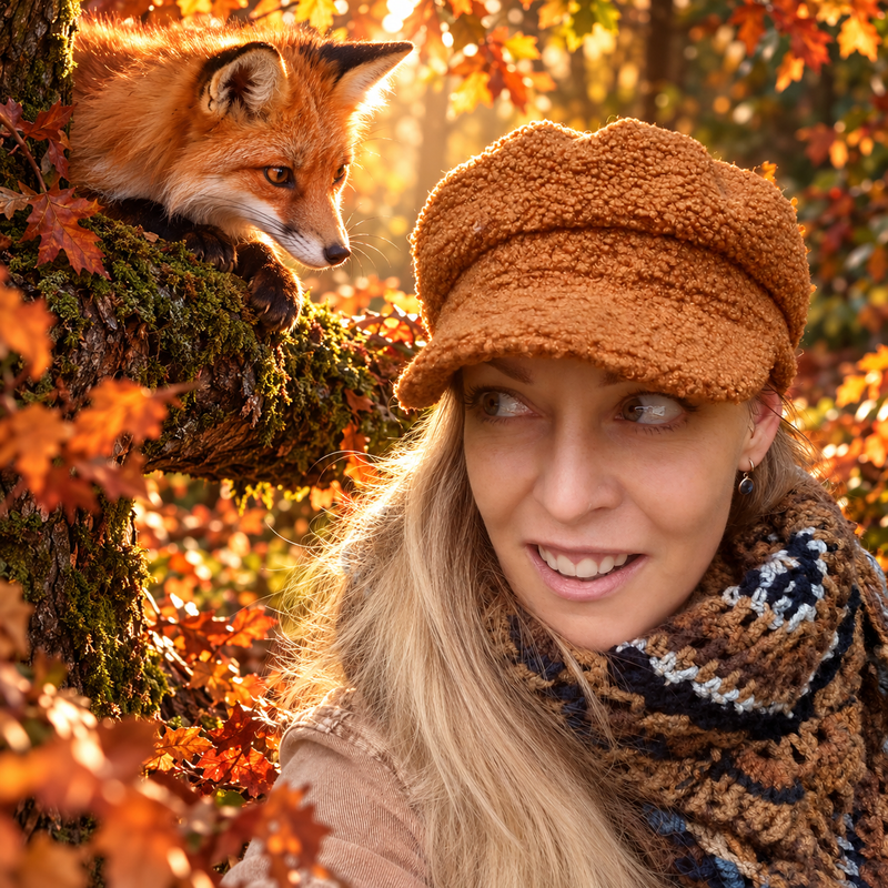 Nathalie met vosje in herfstsfeer