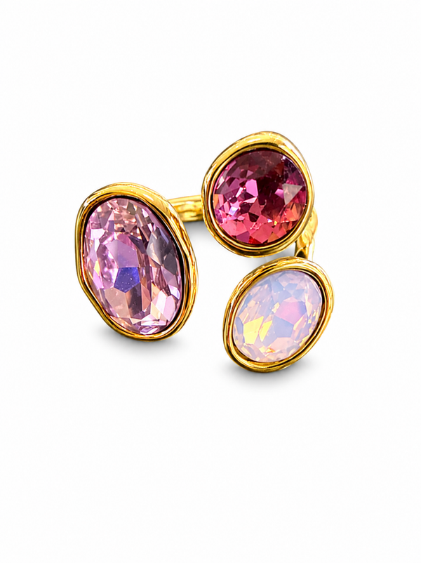 anello regolabile in acciaio inossidabile e zirconi rosa e lilla