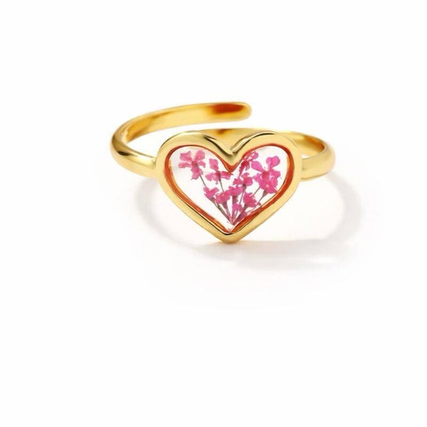 Anello regolabile con fiore vero essiccato in acciaio inossidabile