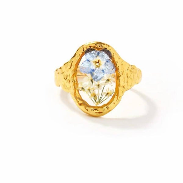 Anello regolabile martellato con fiori veri essiccati in acciaio