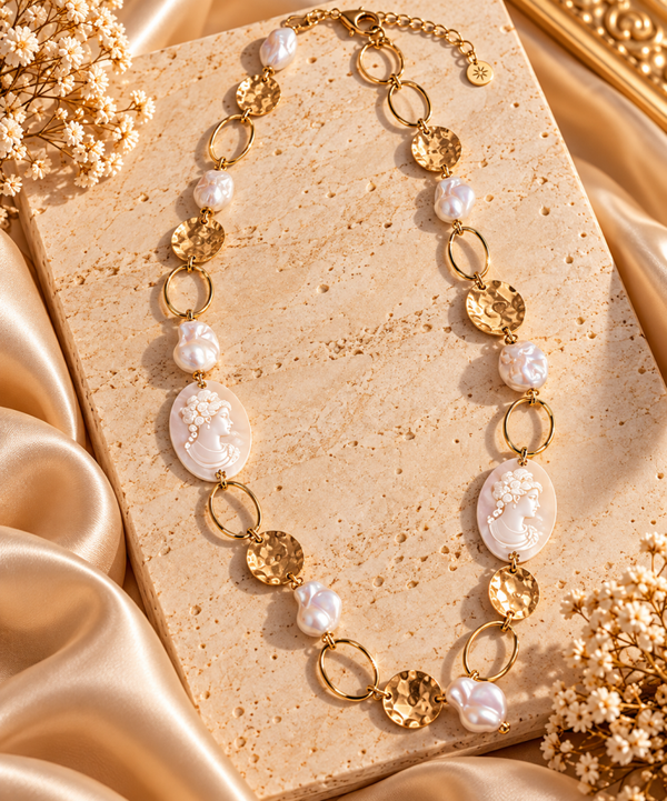 Collana lunga in acciaio con cameo perlato